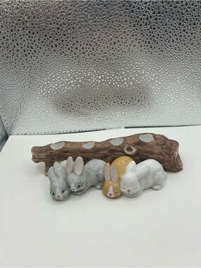Vintage 1986 WNS Taiwan porcelain candle holder hand-painted bunnies Rustic Log